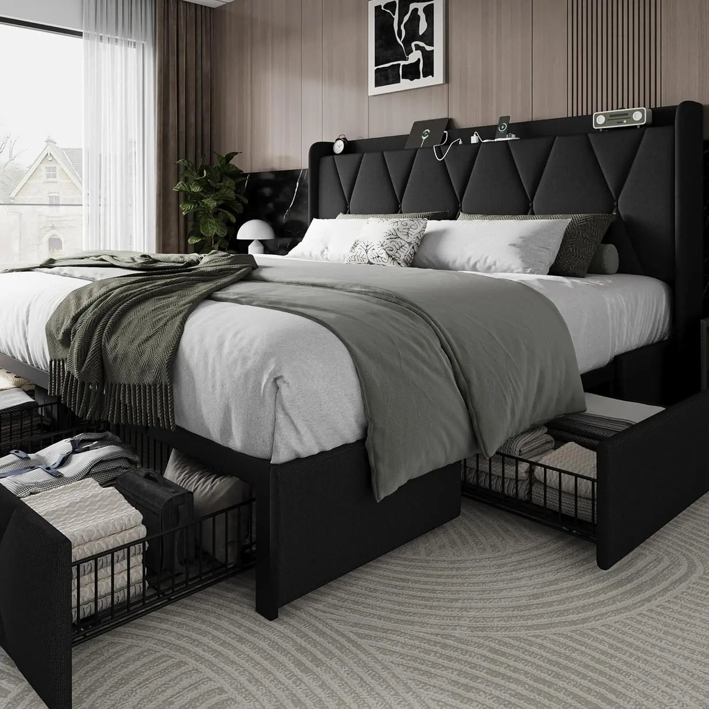 Upholstered Platform Bed Frame Frame with 4 Storage Drawers and Charging Station