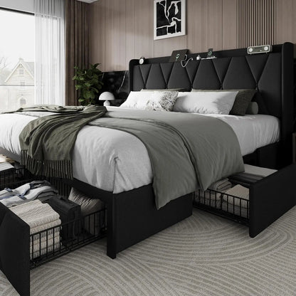 Upholstered Platform Bed Frame Frame with 4 Storage Drawers and Charging Station