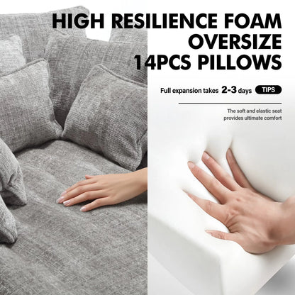 Oversized Round Chaise Lounge Chair with 14 Pillows, Modern Chenille Boneless Couch, Memory Foam