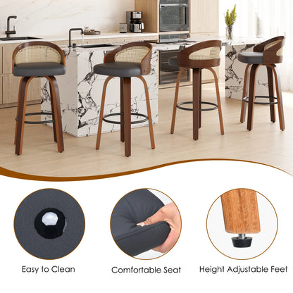 Set of 2 Swivel Bar Stools, Modern Wood Frame with Rattan Back, PU Leather Seat for Kitchen Counter, Bar Table