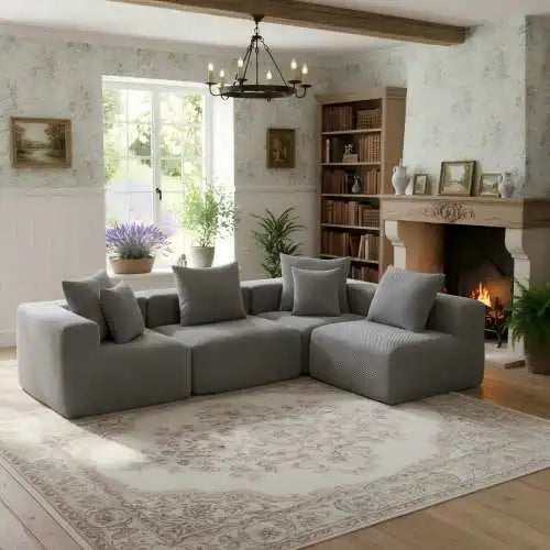 Modular Deep-Seat Sofa, 3-Piece All-Foam Sectional Couch in Soft Textured Fabric, Tool-Free Assembly, Apartment-Friendly Low Profile, 111" × 37" × 23.6"-Brown