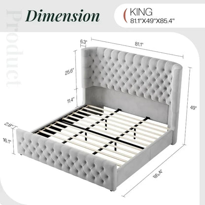 King Size Platform Bed Frame, 6.3” Thick Upholstered Curved Wingback Headboard and Footboard with Deep Button Tufted