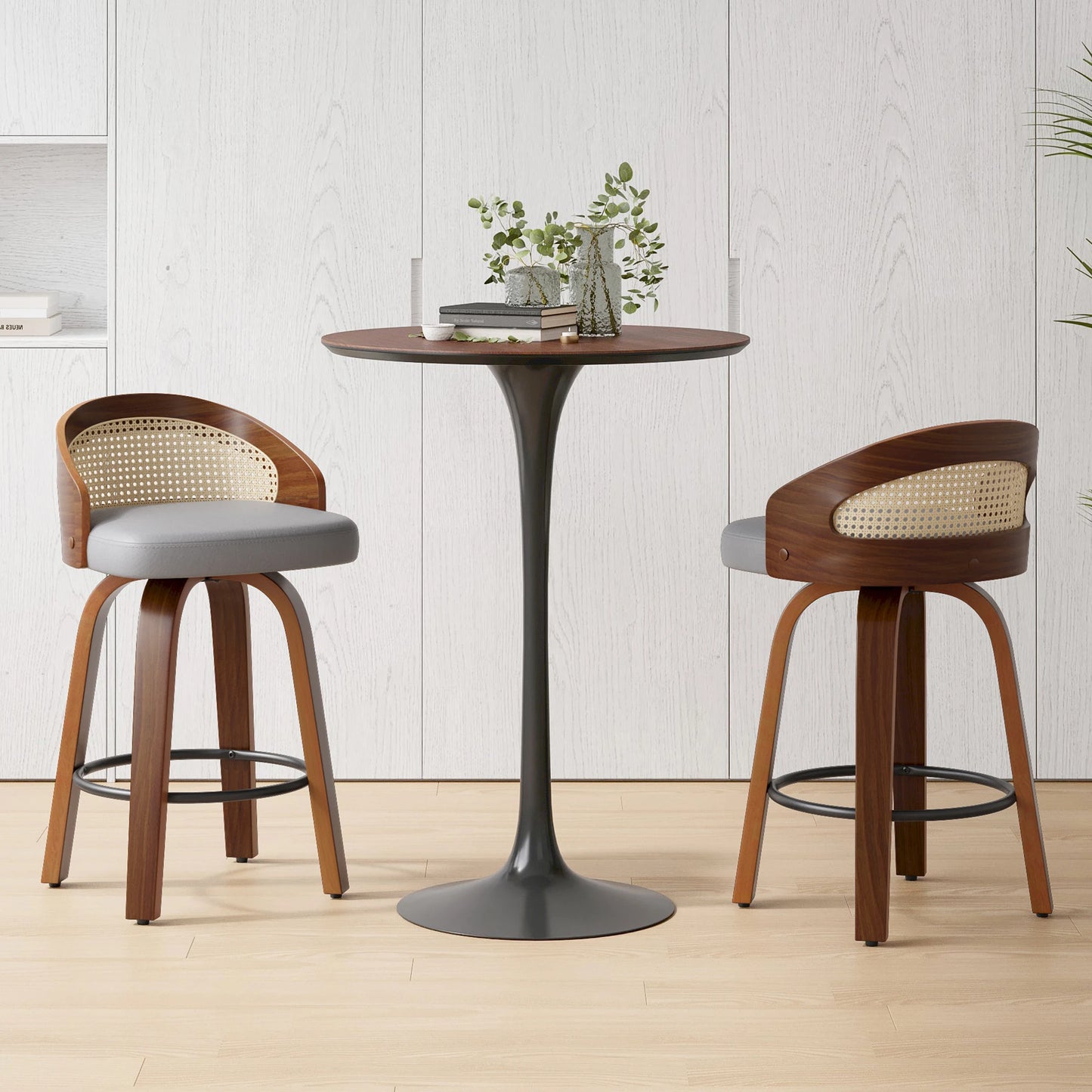 Set of 2 Swivel Bar Stools, Modern Wood Frame with Rattan Back, PU Leather Seat for Kitchen Counter, Bar Table