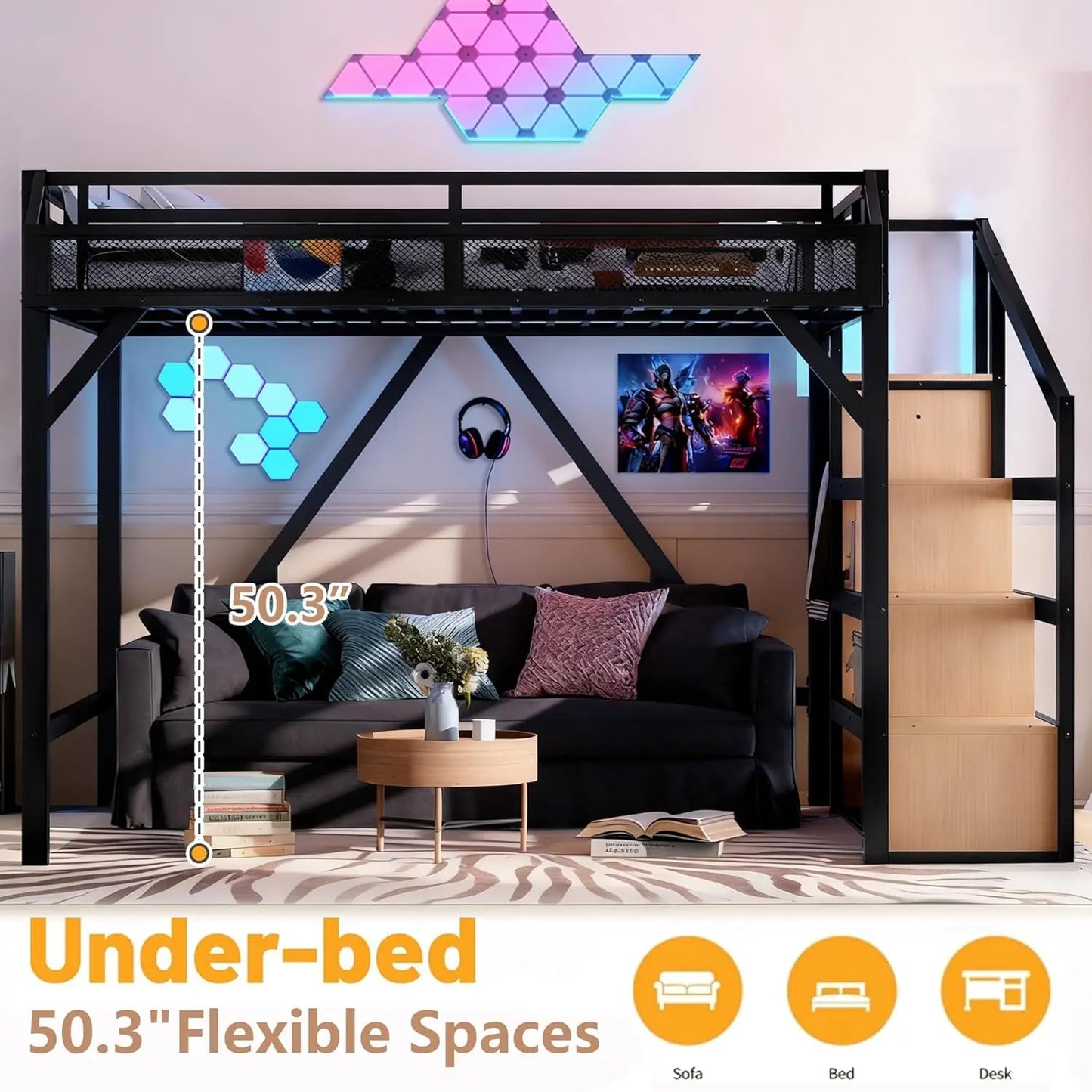 Queen Loft Bed with Storage Stairs Shelves with Wardrobe LED Lights made of  Natural Wood,