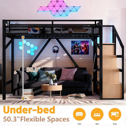 Queen Loft Bed with Storage Stairs Shelves with Wardrobe LED Lights made of  Natural Wood,