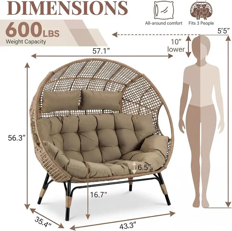 Indoor / Outdoor Stationary Oversized Double Egg Chair   6.5" Thick Padded Cushions, 2 Person Wicker Egg Loveseat Chair