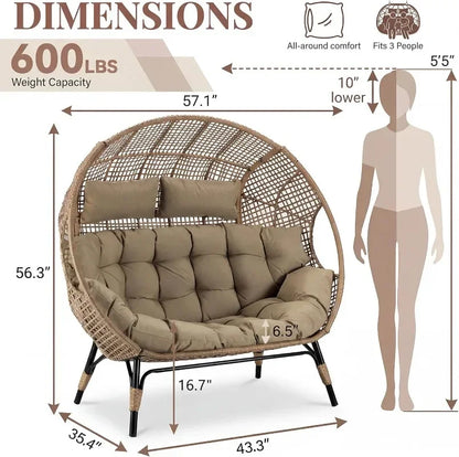 Indoor / Outdoor Stationary Oversized Double Egg Chair   6.5" Thick Padded Cushions, 2 Person Wicker Egg Loveseat Chair