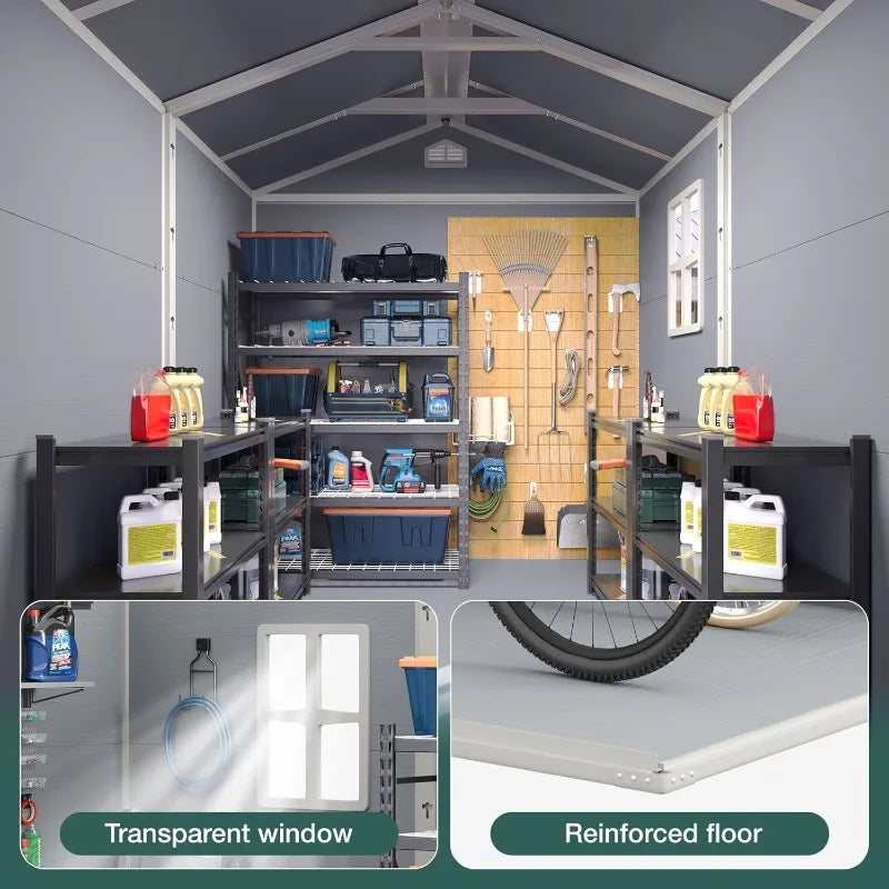 Aoxun 8 x 6 FT Outdoor Storage Shed with Window, Resin Shed with Floor & Lockable Doors, Garden Shed Waterproof Plastic Tool