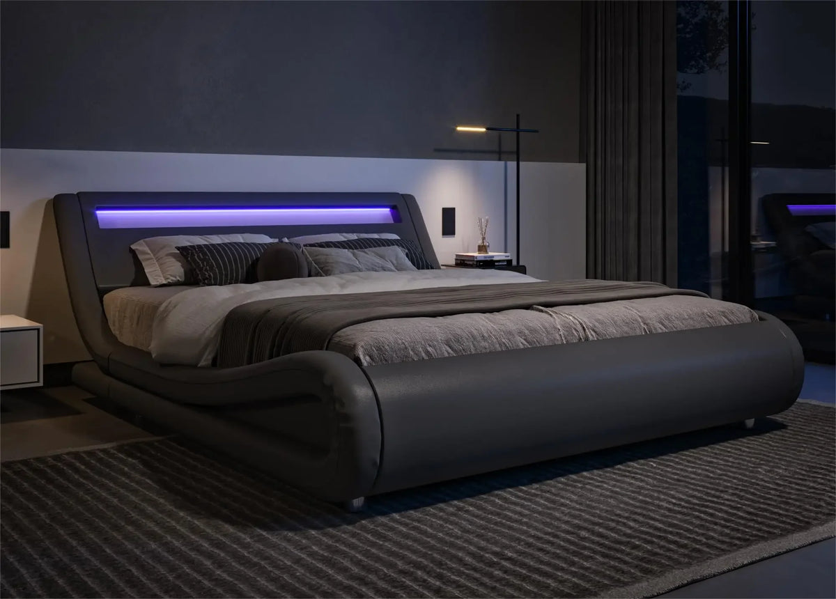 Queen Size LED Platform Bed Frame with Adjustable Headboard/No Box Spring Need/Easy Assembly/Faux Leather in Black