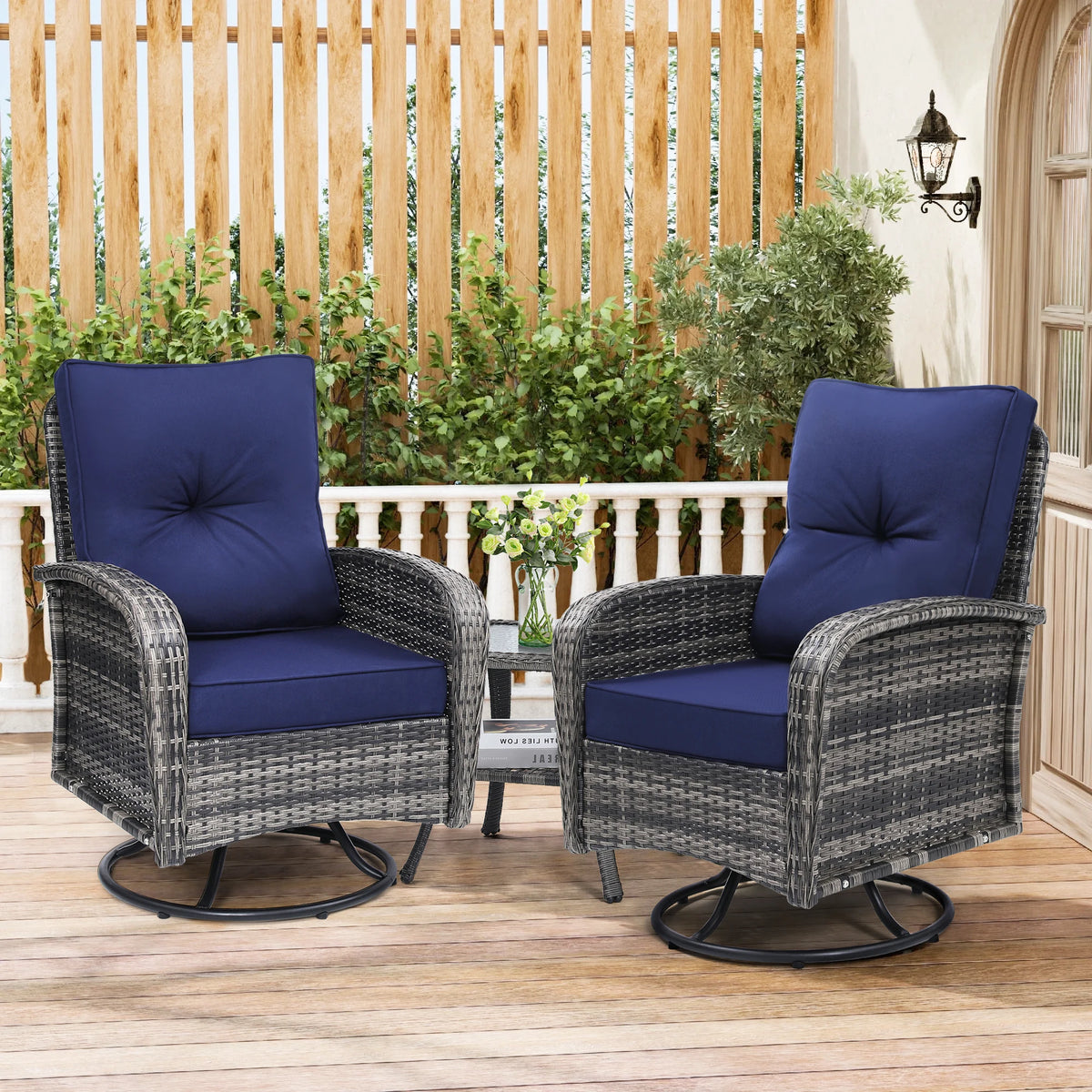 Swivel Wicker Chairs With Side Table Outdoor Patio Furniture Set Washable Thick Cushion For Balcony Deck Garden