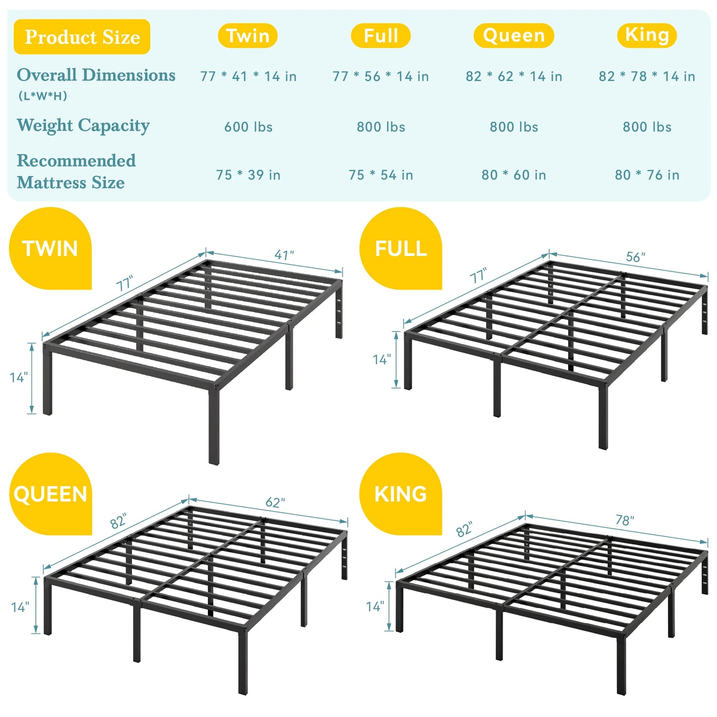 Metal Platform Bed Frame with Storage Space, Twin/Full/Quen/King