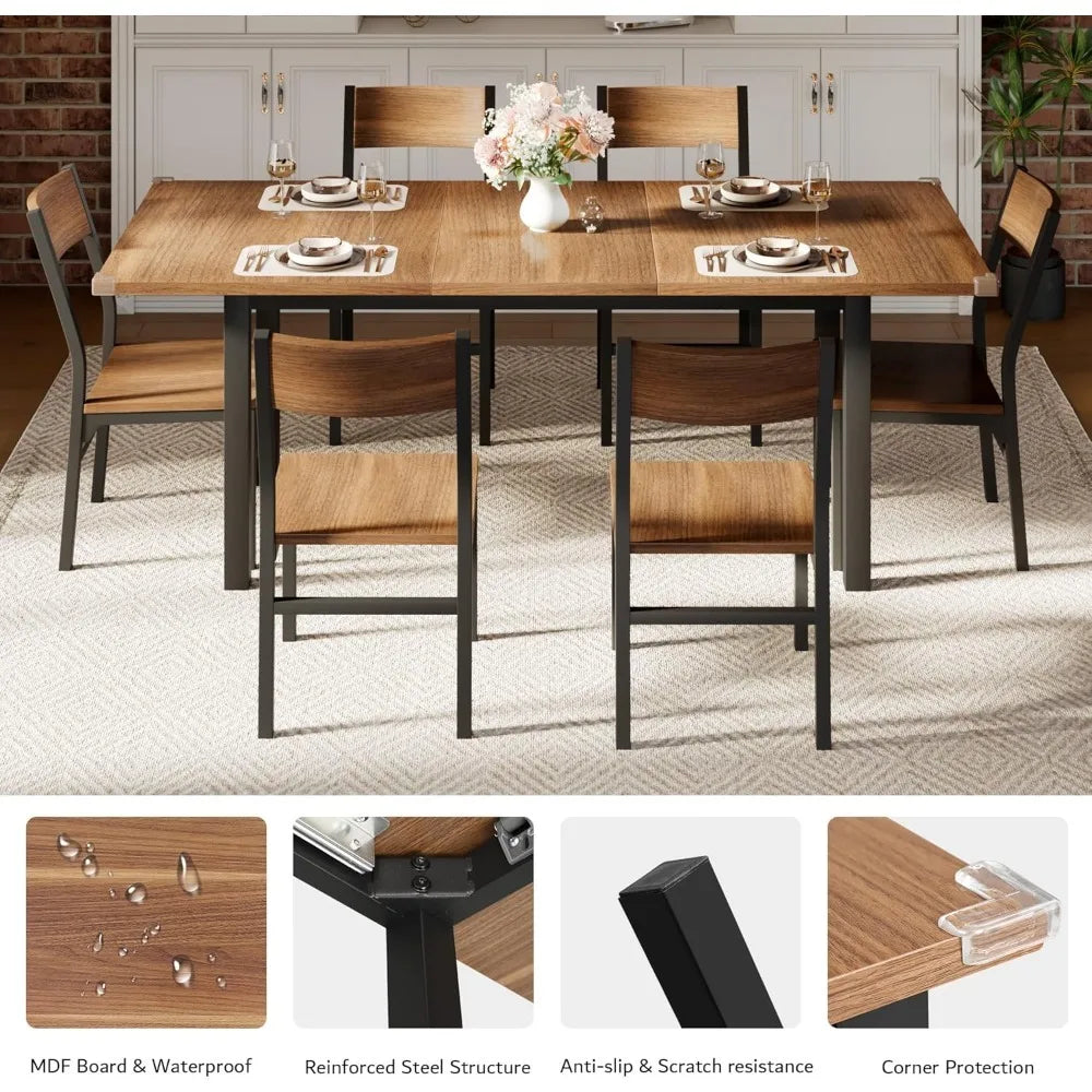 7-Piece Extendable Dining Table Set with 6 Chairs,, Solid Metal Frame & MDF Board,