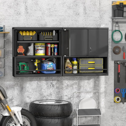 31" H Metal Garage Storage Cabinet, Black | Doors and Shelves, Lockable with Lock, Wall Mount, Hanging Cabinet, For Utility Room