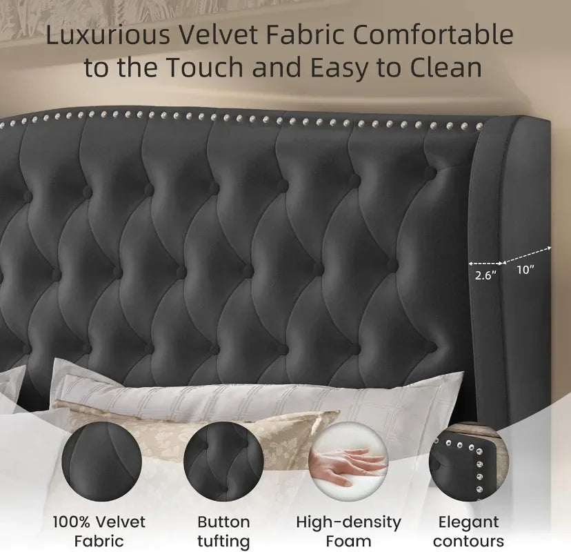 Velvet Tufted King  Size Bed Frame  with Wingback Headboard & Footboard,