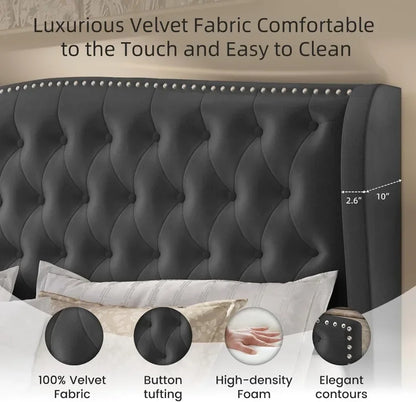 Velvet Tufted King  Size Bed Frame  with Wingback Headboard & Footboard,