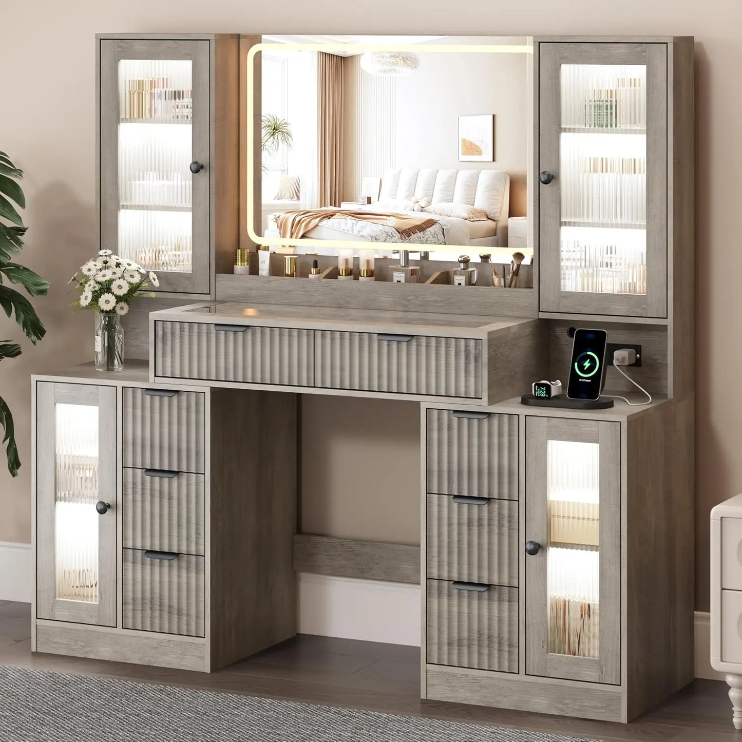 55" Fluted Makeup Vanity Desk with Mirror & Lights, 8 Drawers & 4 Cabinets, Tempered Glass Top, RGB, Custom