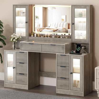 55" Fluted Makeup Vanity Desk with Mirror & Lights, 8 Drawers & 4 Cabinets, Tempered Glass Top, RGB, Custom