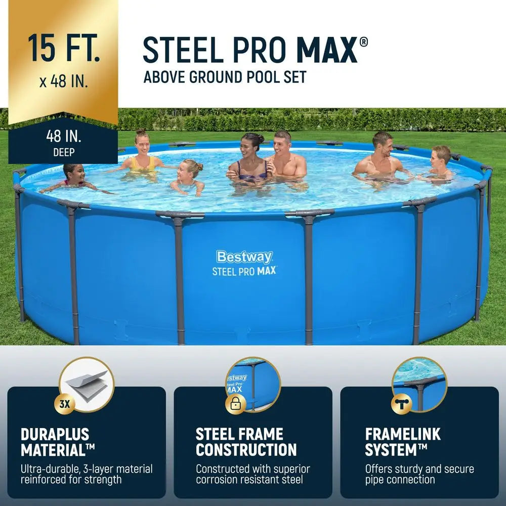 Steel Pro MAX 15 x 48 Above Ground Pools, Round Metal Frame Outdoor Swimming Pool for Backyard, Blue, Pool, Custom