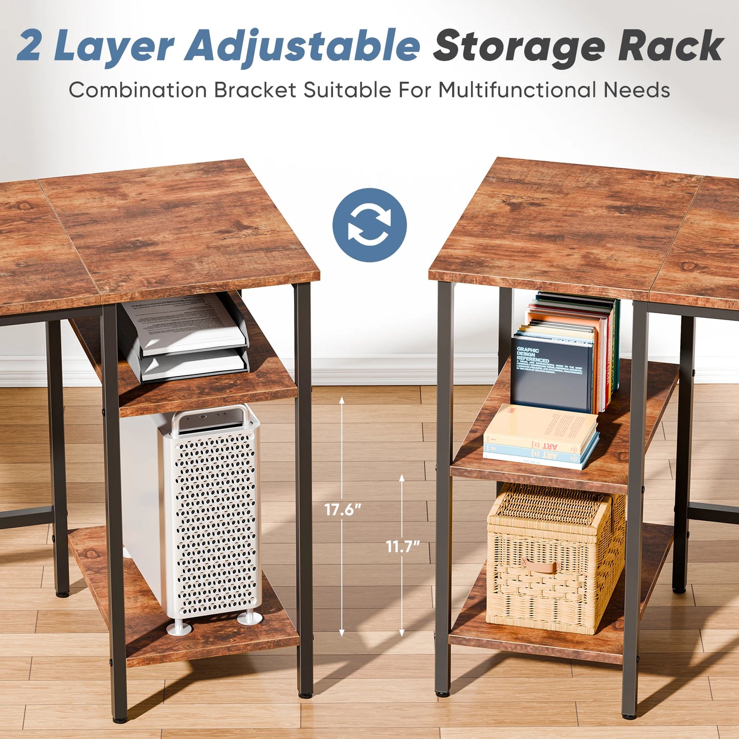 62IN L Shaped Computer Desk with 2 Drawers Wood Table with Adjustable Storage Shelves Charging Station for Desk for Office