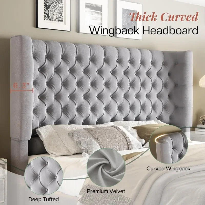 King Size Platform Bed Frame, 6.3” Thick Upholstered Curved Wingback Headboard and Footboard with Deep Button Tufted