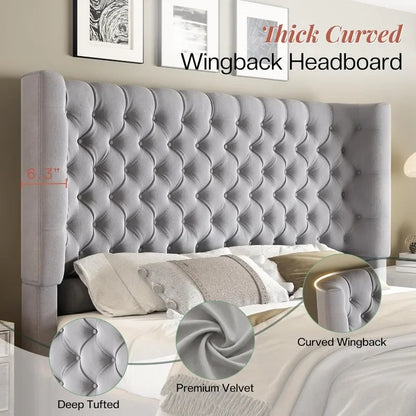 King Size Platform Bed Frame, 6.3” Thick Upholstered Curved Wingback Headboard and Footboard with Deep Button Tufted