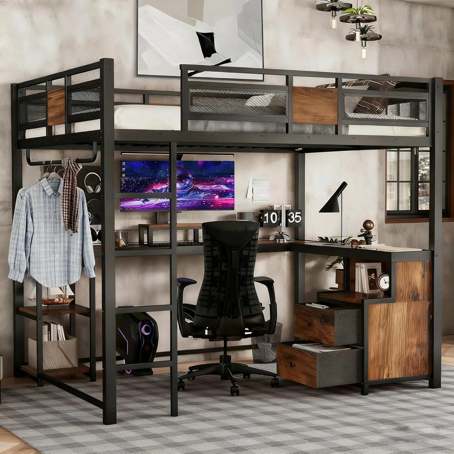 Queen Loft Bed with Storage Stairs Shelves with Wardrobe LED Lights made of  Natural Wood,