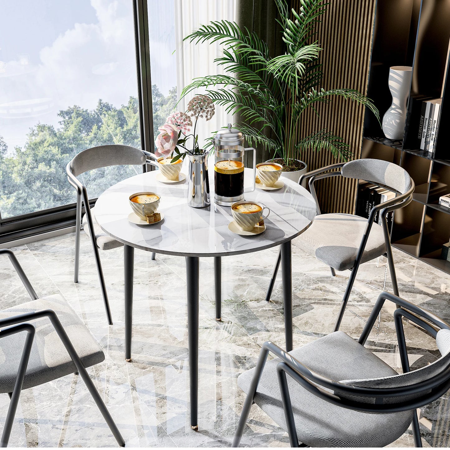 32" Round Stone Dining Table  for 2-4 Person - Small Kitchen Table with Black Metal Legs