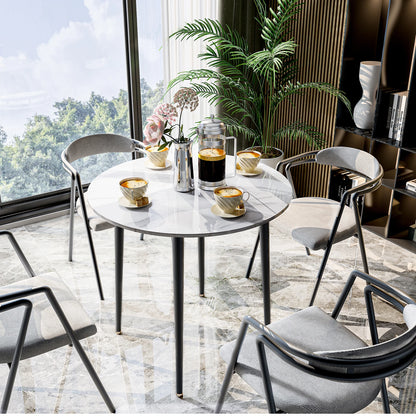 32" Round Stone Dining Table  for 2-4 Person - Small Kitchen Table with Black Metal Legs