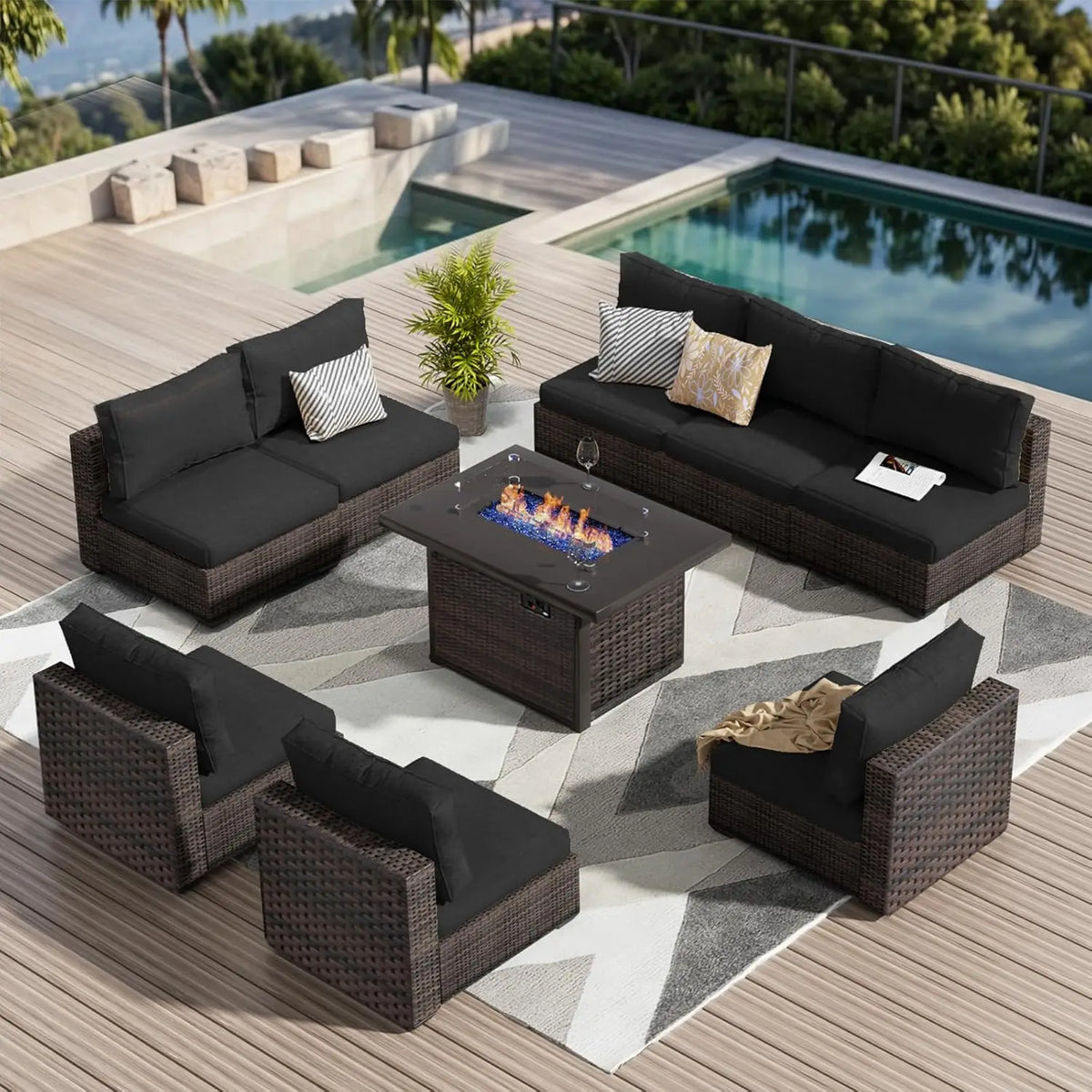 9 Pieces Outdoor Sectional Patio Furniture Set with Fire Pit Table PE Rattan Wicker Patio Sectional Armless, Customized