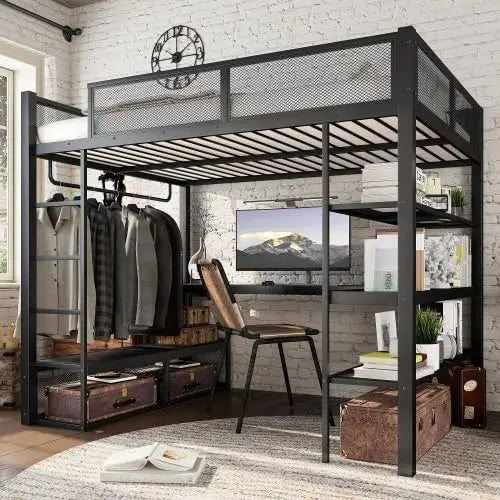 Queen Loft Bed with Storage Stairs Shelves with Wardrobe LED Lights made of  Natural Wood,