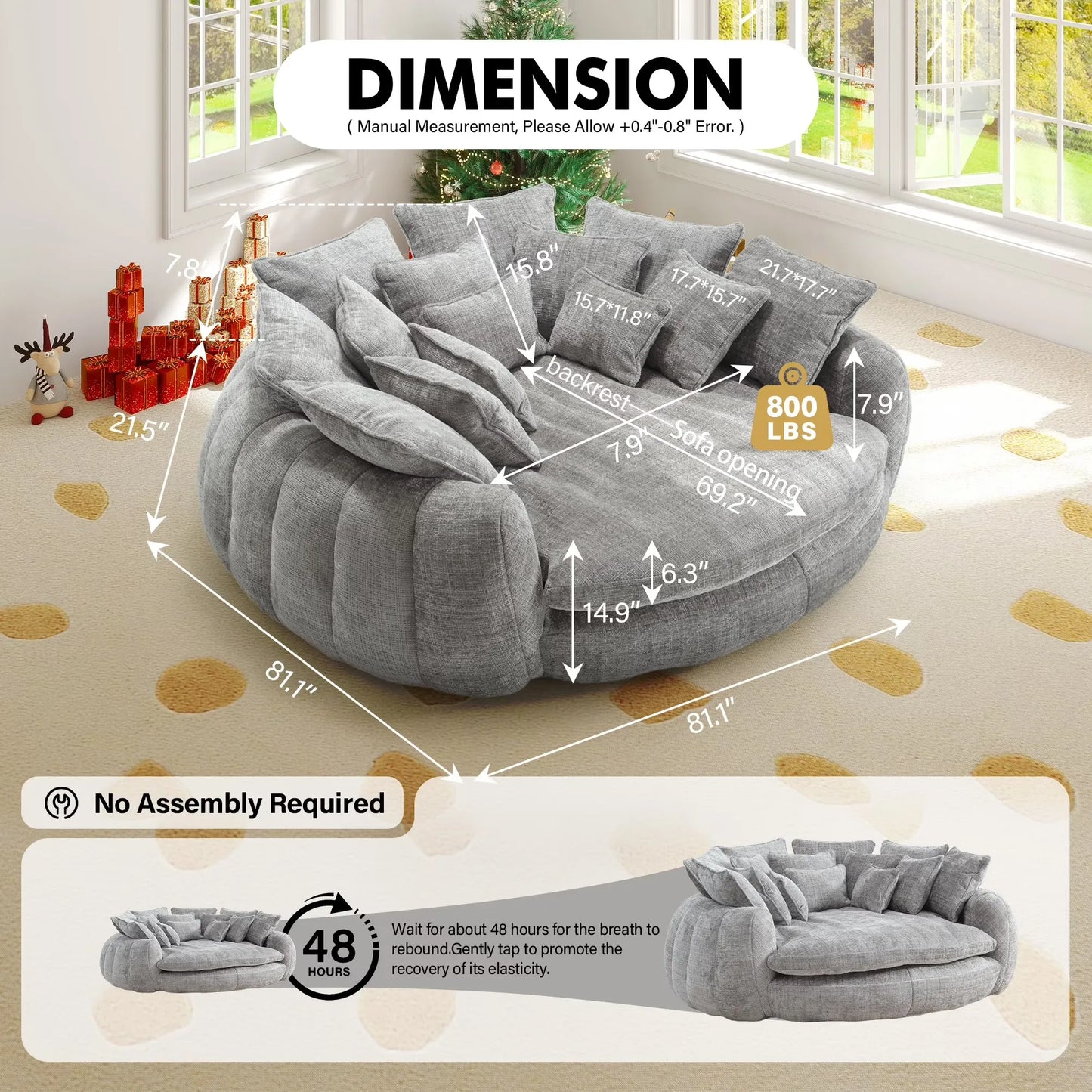 Oversized Round Chaise Lounge Chair with 14 Pillows, Modern Chenille Boneless Couch, Memory Foam