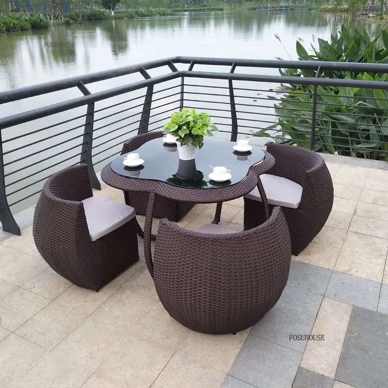 Outdoor Patio Tables and Chairs Set  Waterproof Tempered Glass Tea Table  Rattan Chairs