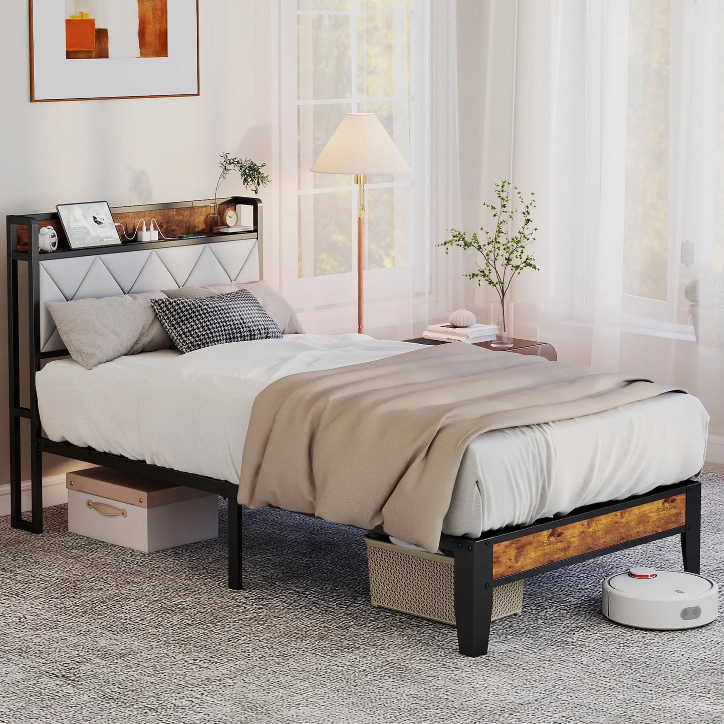 Twin Size Metal Bed Frame with Storage Headboard No Box Spring Needed Easy Assembly Durable Squeak-Free Frame With USB Charging Station For Home Bedroom