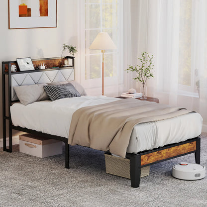 Twin Size Metal Bed Frame with Storage Headboard No Box Spring Needed Easy Assembly Durable Squeak-Free Frame With USB Charging Station For Home Bedroom