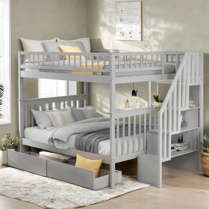 Full Over Full Bunk Bed with Drawers Stairs Storage Shelves Wood Frame for Kids Teens Adults Bedroom Furniture, Customized