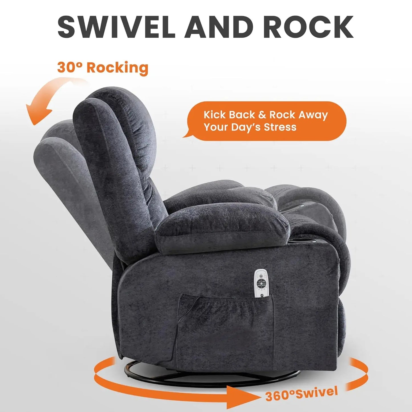 Swivel Recliner Chair w/ Massage & Heat, Rocker, Side Pocket & 2 Cup Holders