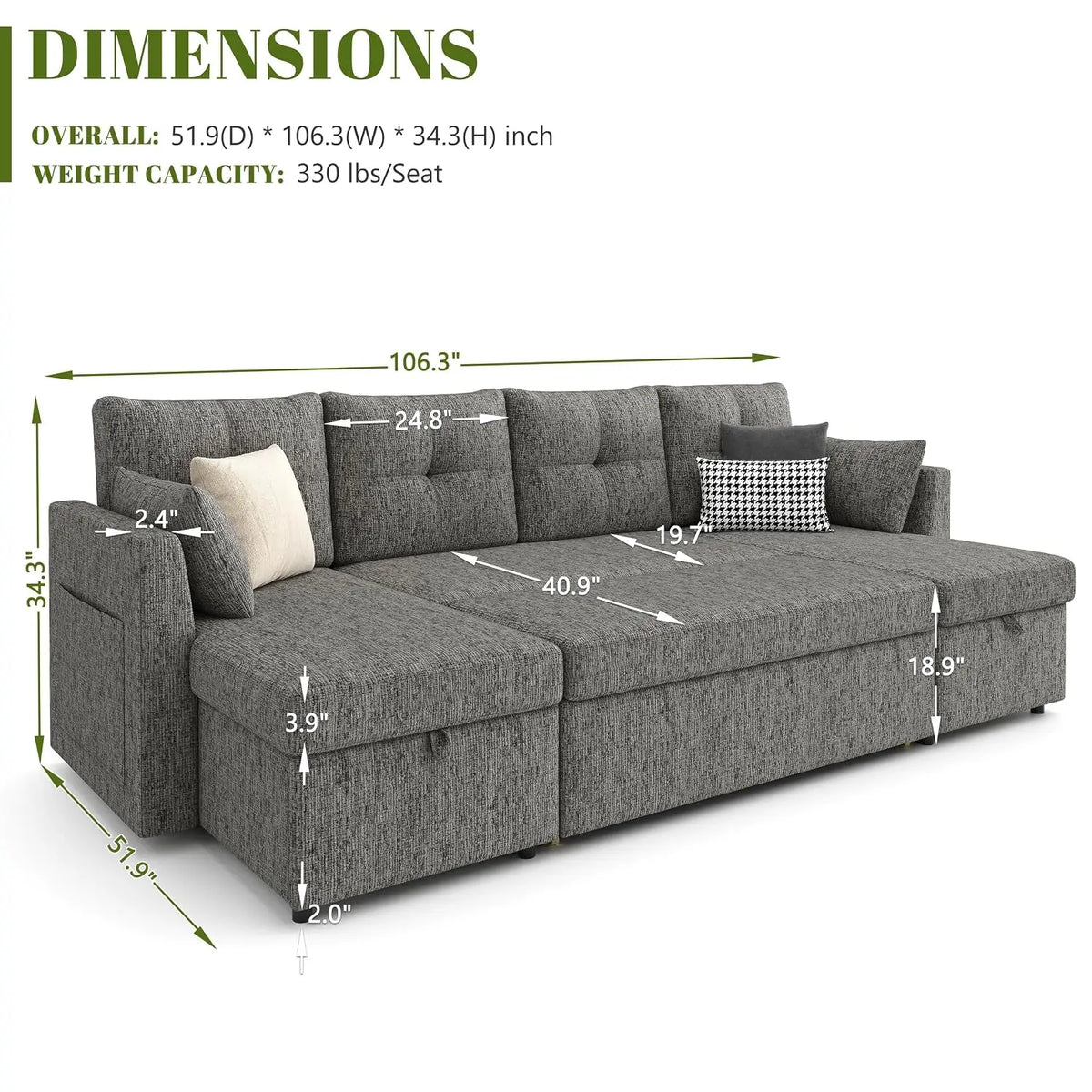 Oversized Sleeper Sofa Couch, Sectional Sofa Bed, Dark Grey | 110 inch 2 in 1 Pull Out Couch with Double Storage, Customized