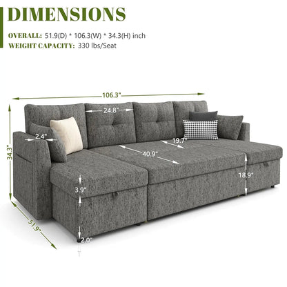 Oversized Sleeper Sofa Couch, Sectional Sofa Bed, Dark Grey | 110 inch 2 in 1 Pull Out Couch with Double Storage, Customized
