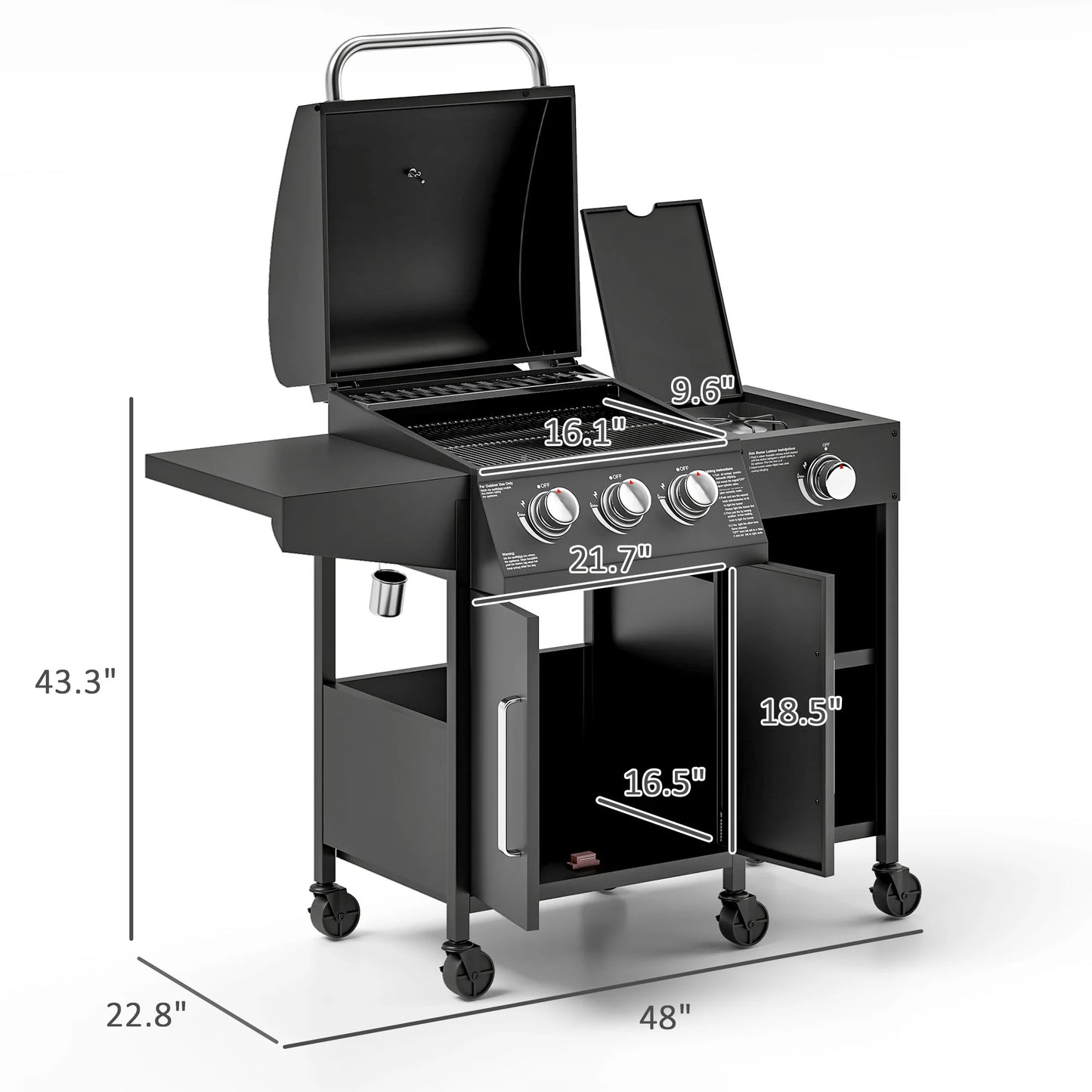 3 Burner Gas Grill with Side Burner and Shelves, Propane BBQ Grill