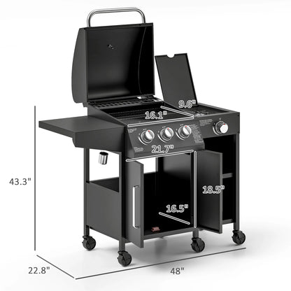 3 Burner Gas Grill with Side Burner and Shelves, Propane BBQ Grill
