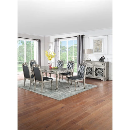 Formal Silver Grey 7-Piece Dining Set with 6 Side Chairs,  Intricate Carved Design, Tufted Back and Cushioned Seats