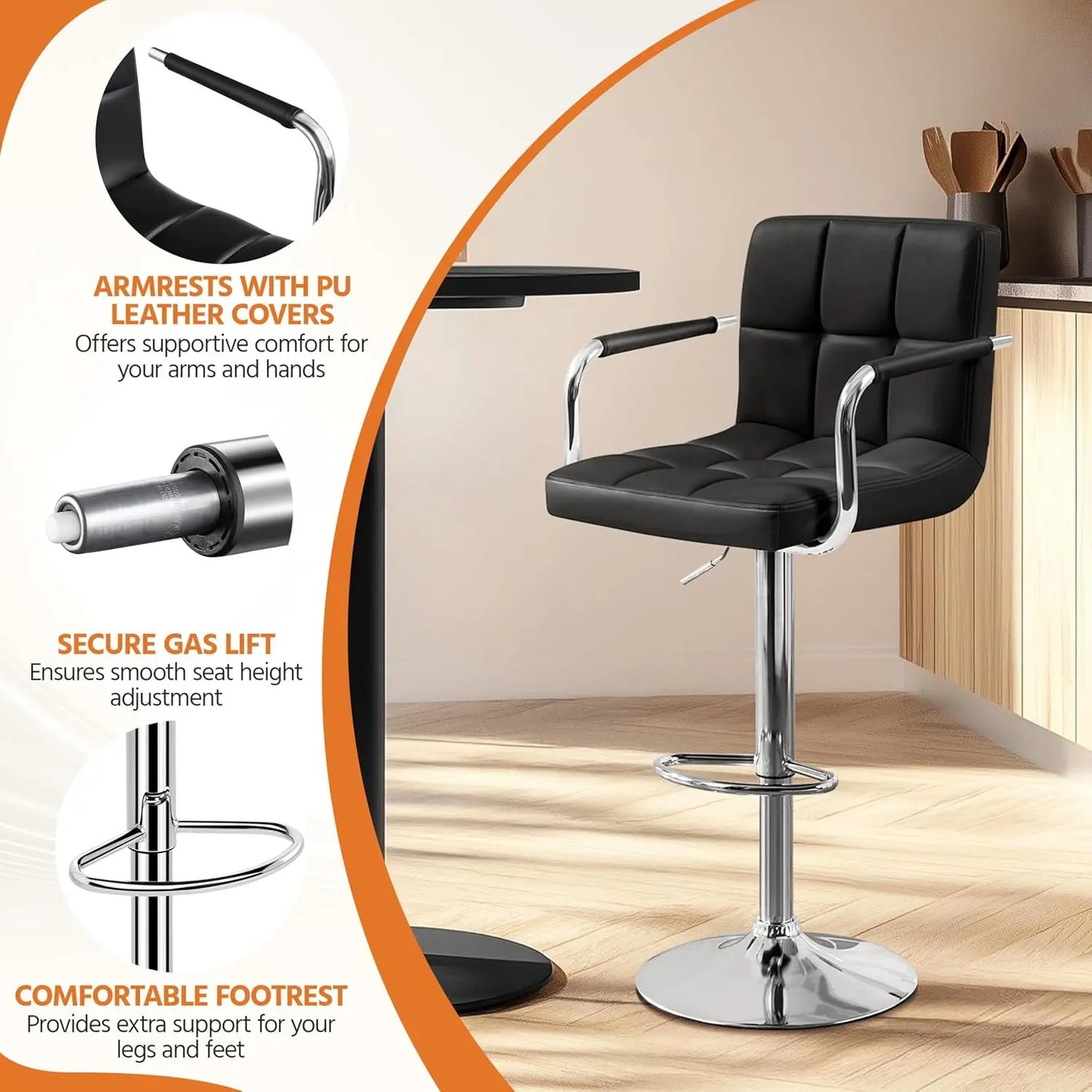 Counter Height Bar Stools Set of 4, PU Leather Adjustable Barstools with Armrest, with Thickened Seat