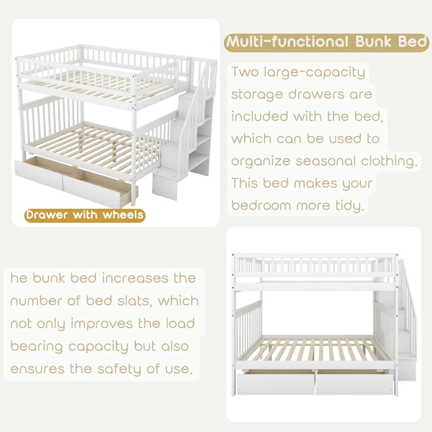 Full Over Full Bunk Bed with Drawers Stairs Storage Shelves Wood Frame for Kids Teens Adults Bedroom Furniture, Customized