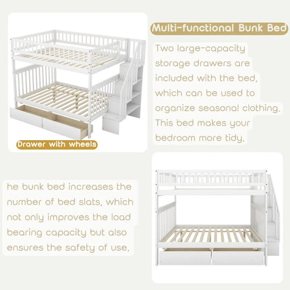 Full Over Full Bunk Bed with Drawers Stairs Storage Shelves Wood Frame for Kids Teens Adults Bedroom Furniture, Customized