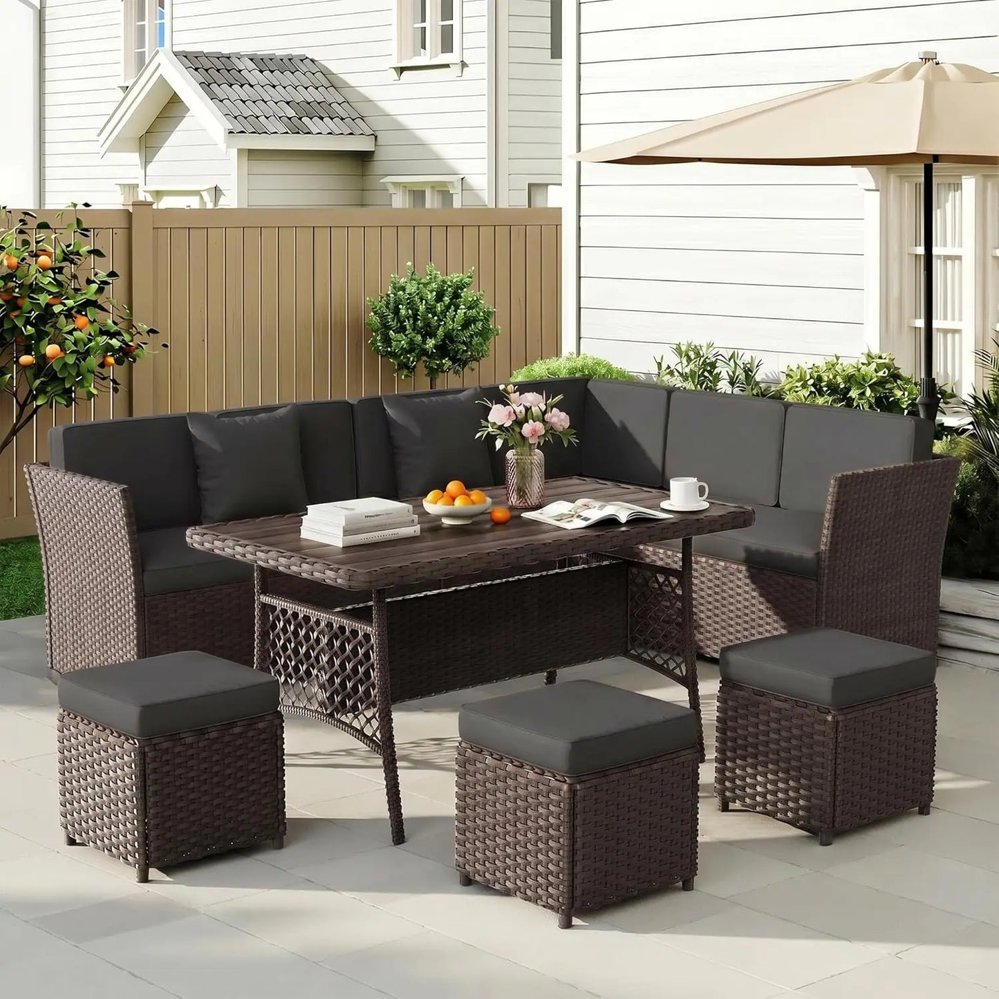7 Pieces Patio Furniture Set, Wicker Conversation Set with Dining Table, Chairs and, Customized