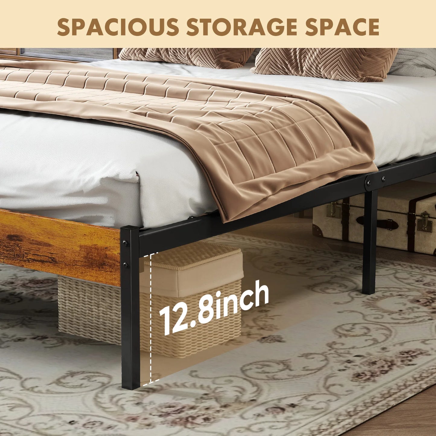 Wooden Headboard and Metal Platform Bed Frame No Box Spring Needed with 700LBS Sturdy Wooden Slats Support For Home