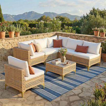 7-Piece Wicker Patio Sectional Sofa with Cushions & Glass Coffee Table for Porch Garden Backyard