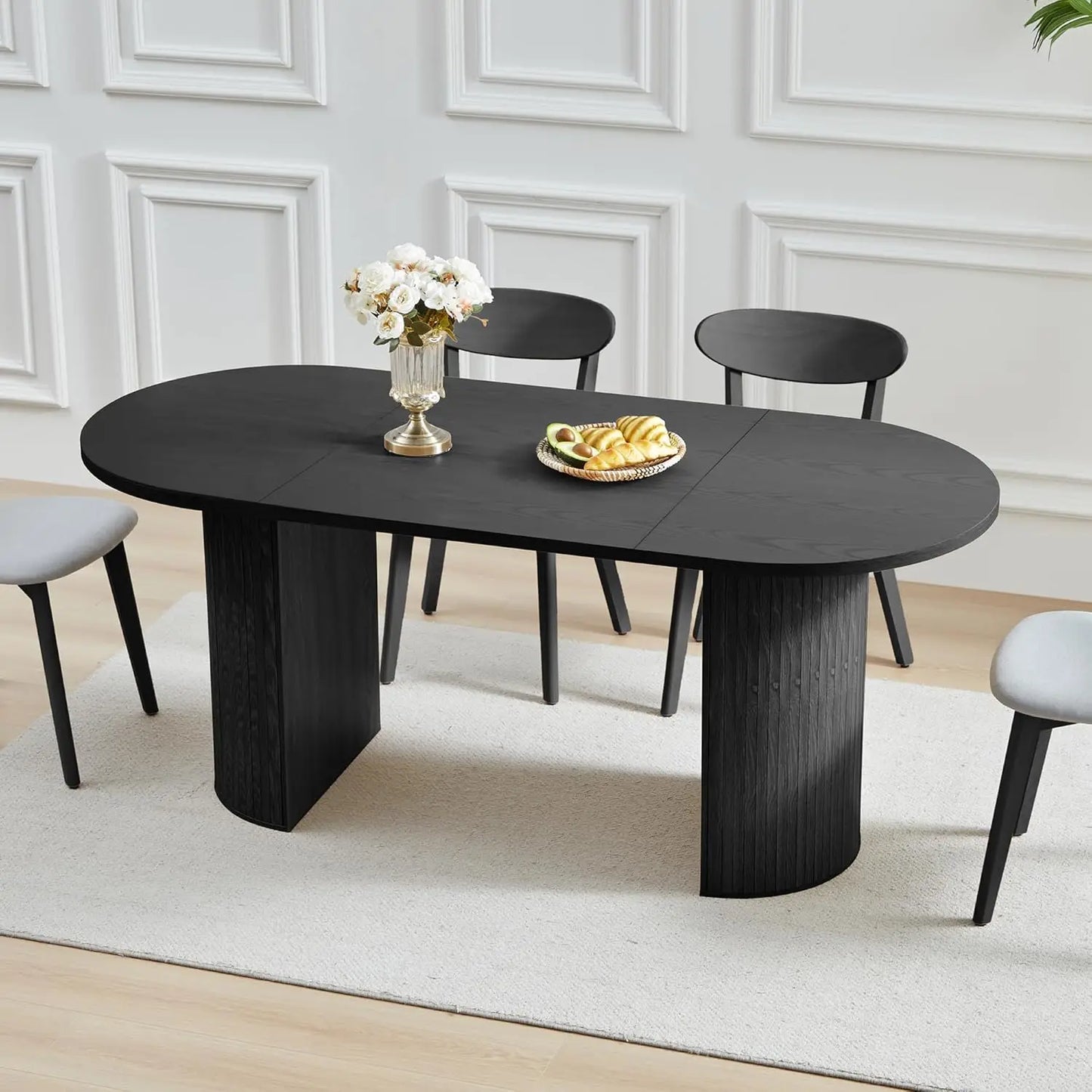 Round Fluted Base Modern Oval Expandable Kitchen Dining Table ,41-78in Seats 4-8