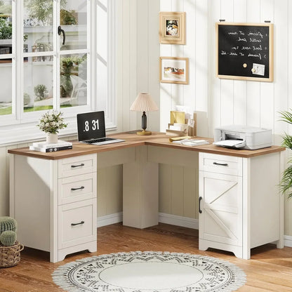 59” L Shaped  Home Office Desk with Flie Drawer,Stroage Cabinet, Wood Corner Sturdy with Power Outlets