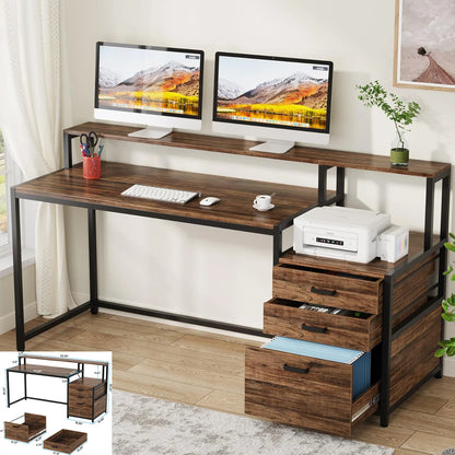 L-Shaped Computer Desk with 3 Drawers,Home Office Desk with Shelves, 53-Inch Industrial PC Desk for Small Space, Rustic Brown